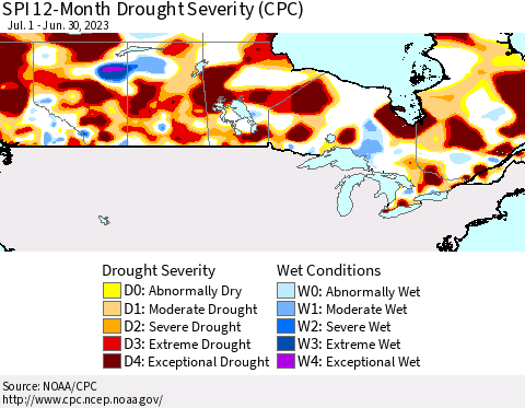 Canada SPI 12-Month Drought Severity (CPC) Thematic Map For 7/1/2022 - 6/30/2023