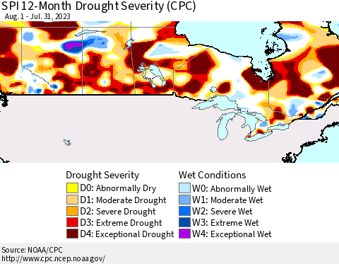 Canada SPI 12-Month Drought Severity (CPC) Thematic Map For 8/1/2022 - 7/31/2023