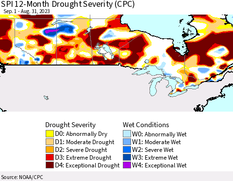 Canada SPI 12-Month Drought Severity (CPC) Thematic Map For 9/1/2022 - 8/31/2023