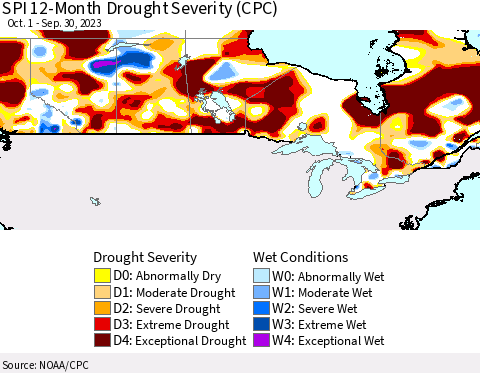 Canada SPI 12-Month Drought Severity (CPC) Thematic Map For 10/1/2022 - 9/30/2023