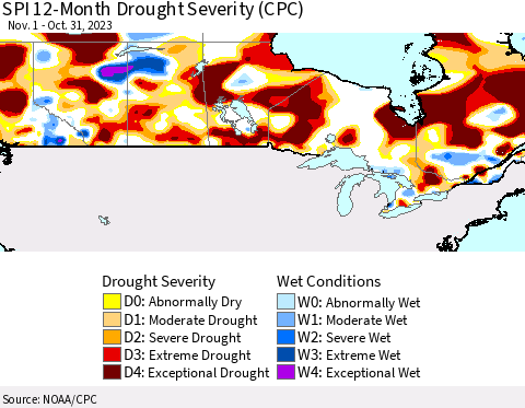 Canada SPI 12-Month Drought Severity (CPC) Thematic Map For 11/1/2022 - 10/31/2023