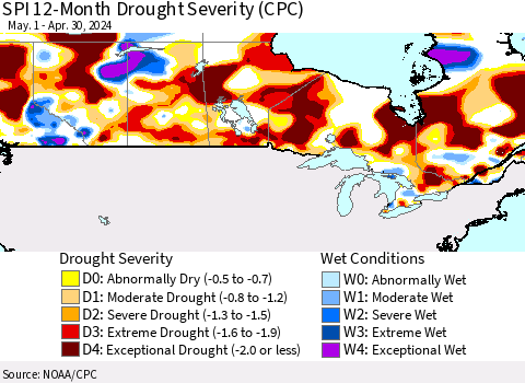 Canada SPI 12-Month Drought Severity (CPC) Thematic Map For 5/1/2023 - 4/30/2024
