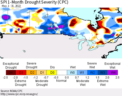 Canada SPI 1-Month Drought Severity (CPC) Thematic Map For 5/1/2022 - 5/31/2022