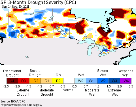 Canada SPI 3-Month Drought Severity (CPC) Thematic Map For 9/1/2021 - 11/30/2021