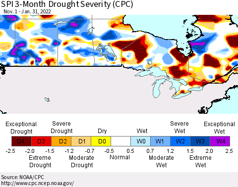 Canada SPI 3-Month Drought Severity (CPC) Thematic Map For 11/1/2021 - 1/31/2022