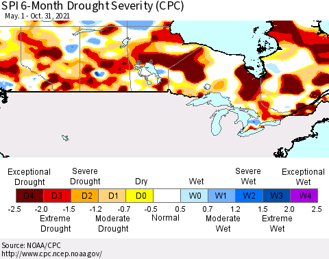 Canada SPI 6-Month Drought Severity (CPC) Thematic Map For 5/1/2021 - 10/31/2021