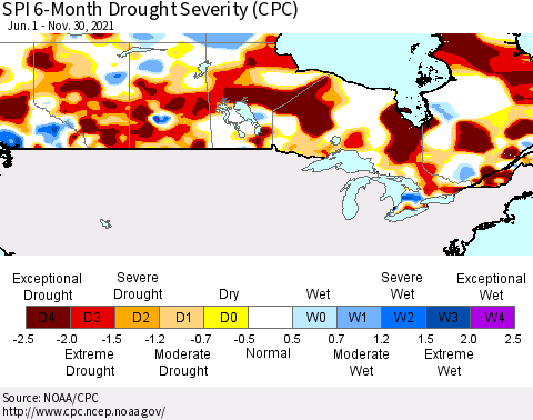 Canada SPI 6-Month Drought Severity (CPC) Thematic Map For 6/1/2021 - 11/30/2021