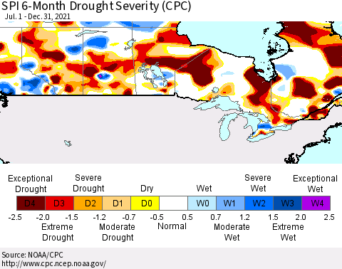 Canada SPI 6-Month Drought Severity (CPC) Thematic Map For 7/1/2021 - 12/31/2021