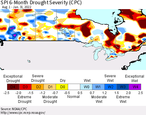 Canada SPI 6-Month Drought Severity (CPC) Thematic Map For 8/1/2021 - 1/31/2022