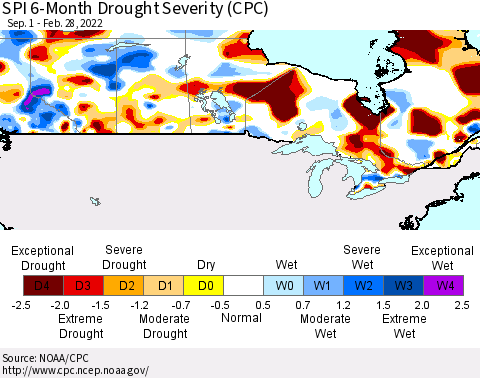 Canada SPI 6-Month Drought Severity (CPC) Thematic Map For 9/1/2021 - 2/28/2022