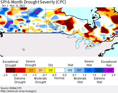 Canada SPI 6-Month Drought Severity (CPC) Thematic Map For 10/1/2021 - 3/31/2022