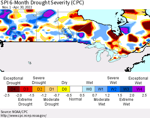 Canada SPI 6-Month Drought Severity (CPC) Thematic Map For 11/1/2021 - 4/30/2022