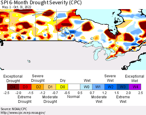 Canada SPI 6-Month Drought Severity (CPC) Thematic Map For 5/1/2022 - 10/31/2022