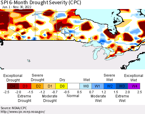 Canada SPI 6-Month Drought Severity (CPC) Thematic Map For 6/1/2022 - 11/30/2022