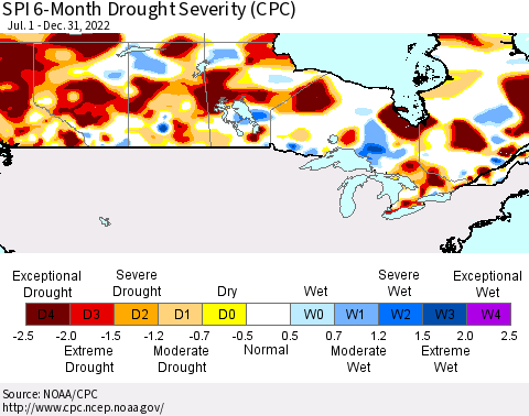 Canada SPI 6-Month Drought Severity (CPC) Thematic Map For 7/1/2022 - 12/31/2022