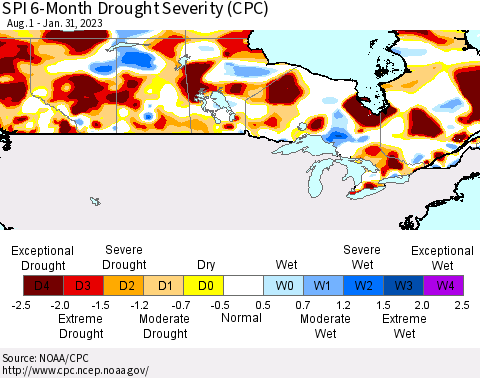 Canada SPI 6-Month Drought Severity (CPC) Thematic Map For 8/1/2022 - 1/31/2023