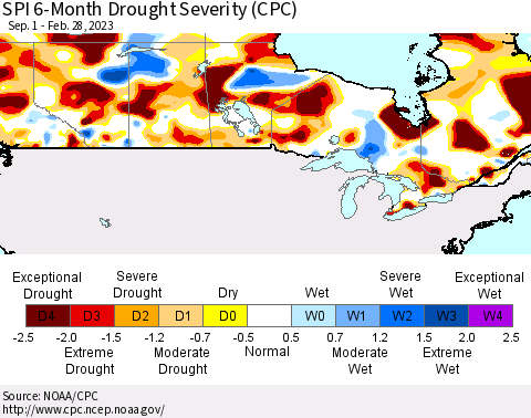 Canada SPI 6-Month Drought Severity (CPC) Thematic Map For 9/1/2022 - 2/28/2023