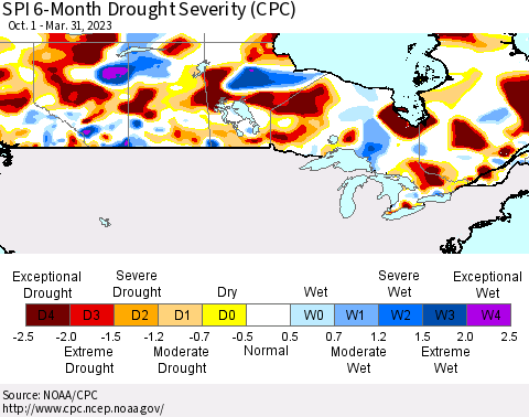 Canada SPI 6-Month Drought Severity (CPC) Thematic Map For 10/1/2022 - 3/31/2023
