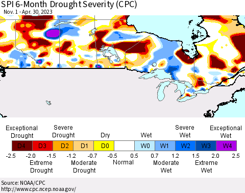 Canada SPI 6-Month Drought Severity (CPC) Thematic Map For 11/1/2022 - 4/30/2023