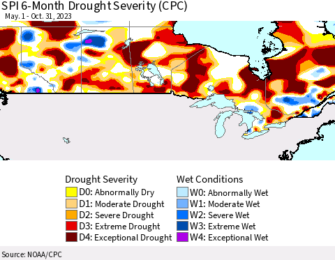 Canada SPI 6-Month Drought Severity (CPC) Thematic Map For 5/1/2023 - 10/31/2023