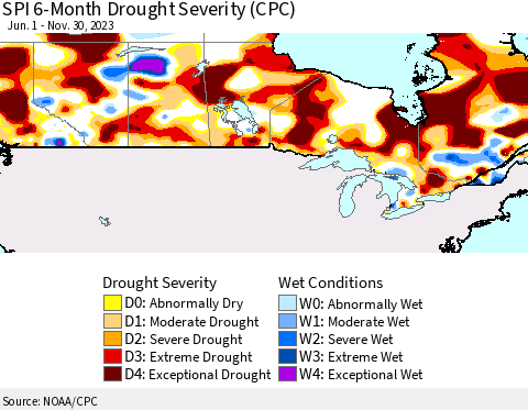 Canada SPI 6-Month Drought Severity (CPC) Thematic Map For 6/1/2023 - 11/30/2023