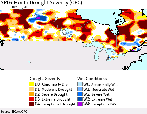 Canada SPI 6-Month Drought Severity (CPC) Thematic Map For 7/1/2023 - 12/31/2023