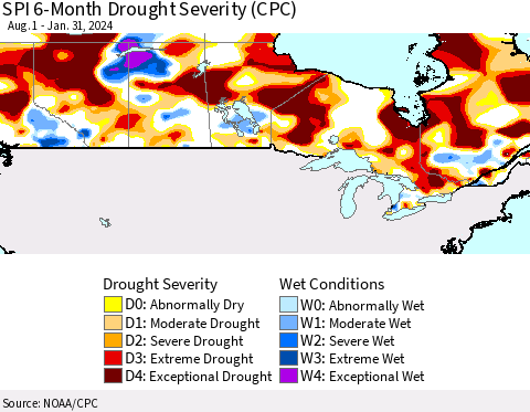 Canada SPI 6-Month Drought Severity (CPC) Thematic Map For 8/1/2023 - 1/31/2024