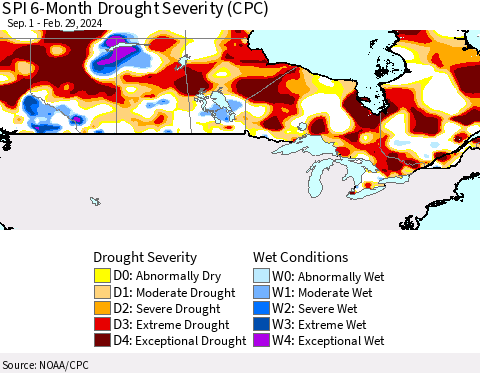 Canada SPI 6-Month Drought Severity (CPC) Thematic Map For 9/1/2023 - 2/29/2024