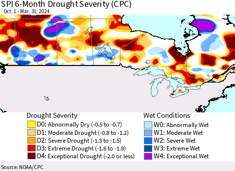 Canada SPI 6-Month Drought Severity (CPC) Thematic Map For 10/1/2023 - 3/31/2024