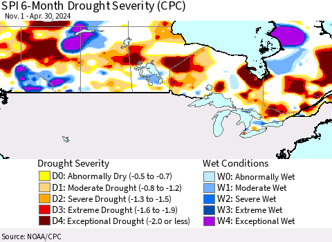 Canada SPI 6-Month Drought Severity (CPC) Thematic Map For 11/1/2023 - 4/30/2024