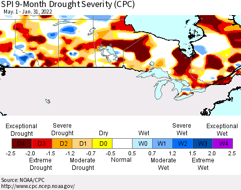 Canada SPI 9-Month Drought Severity (CPC) Thematic Map For 5/1/2021 - 1/31/2022