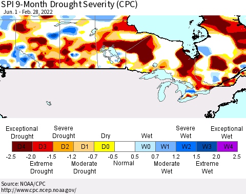Canada SPI 9-Month Drought Severity (CPC) Thematic Map For 6/1/2021 - 2/28/2022