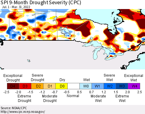 Canada SPI 9-Month Drought Severity (CPC) Thematic Map For 7/1/2021 - 3/31/2022