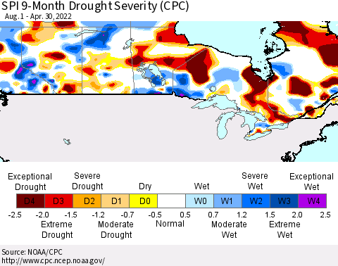 Canada SPI 9-Month Drought Severity (CPC) Thematic Map For 8/1/2021 - 4/30/2022