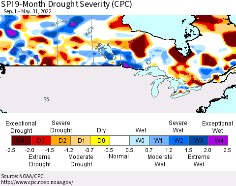 Canada SPI 9-Month Drought Severity (CPC) Thematic Map For 9/1/2021 - 5/31/2022