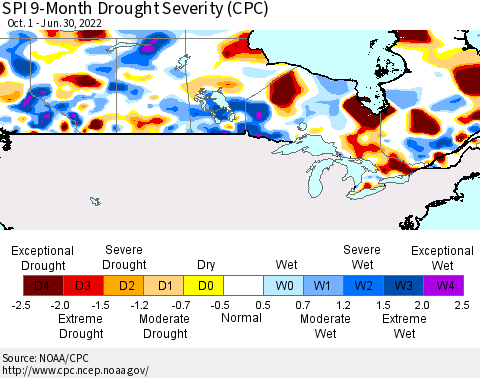 Canada SPI 9-Month Drought Severity (CPC) Thematic Map For 10/1/2021 - 6/30/2022