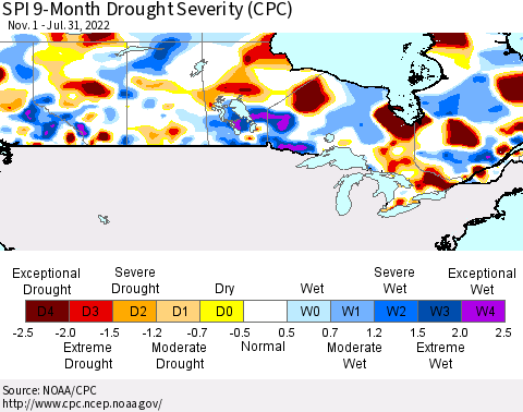 Canada SPI 9-Month Drought Severity (CPC) Thematic Map For 11/1/2021 - 7/31/2022