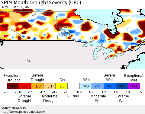 Canada SPI 9-Month Drought Severity (CPC) Thematic Map For 5/1/2022 - 1/31/2023