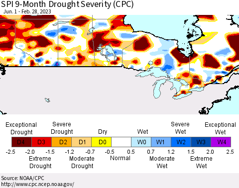 Canada SPI 9-Month Drought Severity (CPC) Thematic Map For 6/1/2022 - 2/28/2023