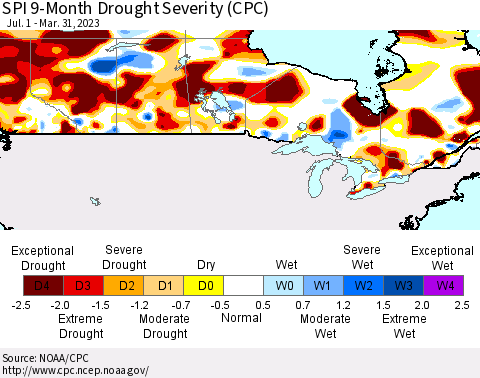 Canada SPI 9-Month Drought Severity (CPC) Thematic Map For 7/1/2022 - 3/31/2023