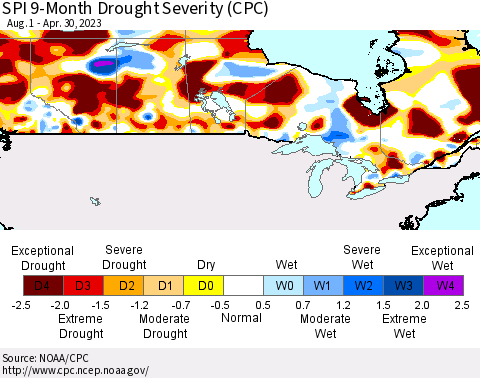 Canada SPI 9-Month Drought Severity (CPC) Thematic Map For 8/1/2022 - 4/30/2023