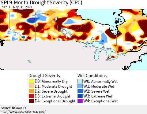 Canada SPI 9-Month Drought Severity (CPC) Thematic Map For 9/1/2022 - 5/31/2023