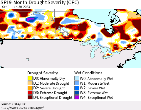 Canada SPI 9-Month Drought Severity (CPC) Thematic Map For 10/1/2022 - 6/30/2023