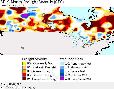Canada SPI 9-Month Drought Severity (CPC) Thematic Map For 11/1/2022 - 7/31/2023