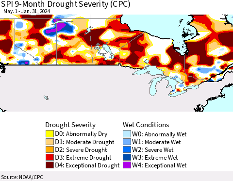 Canada SPI 9-Month Drought Severity (CPC) Thematic Map For 5/1/2023 - 1/31/2024