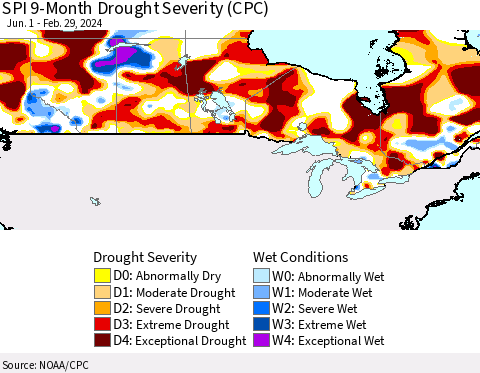 Canada SPI 9-Month Drought Severity (CPC) Thematic Map For 6/1/2023 - 2/29/2024