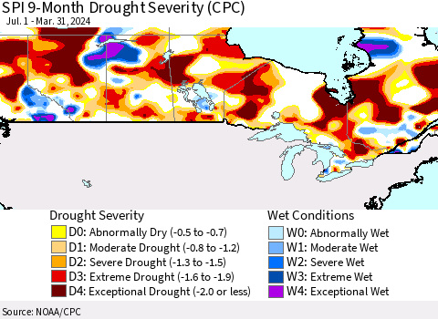 Canada SPI 9-Month Drought Severity (CPC) Thematic Map For 7/1/2023 - 3/31/2024