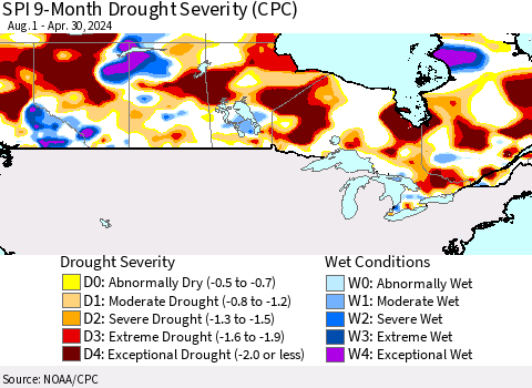 Canada SPI 9-Month Drought Severity (CPC) Thematic Map For 8/1/2023 - 4/30/2024