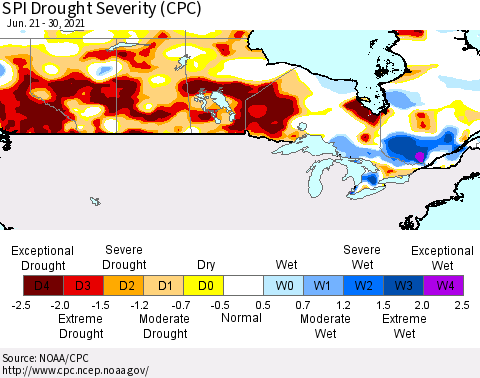 Canada SPI Drought Severity (CPC) Thematic Map For 6/21/2021 - 6/30/2021