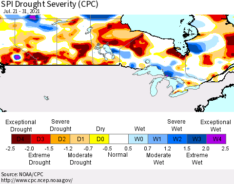 Canada SPI Drought Severity (CPC) Thematic Map For 7/21/2021 - 7/31/2021
